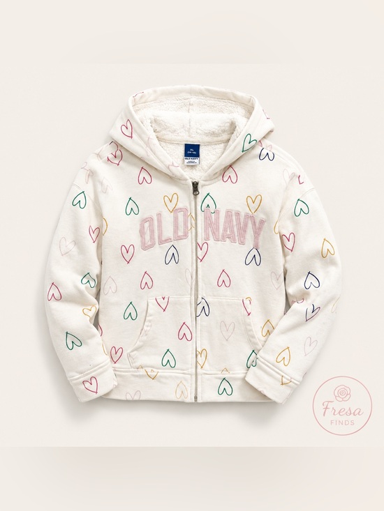 Old Navy Other - Old Navy Girls Heart Print Fleece Lined Zip Hoodie Jacket XL 14-16 White
